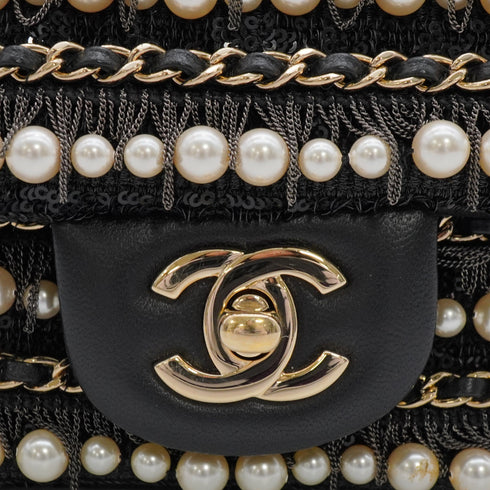 CHANEL MINI MATELASSE FAUX PEARL FRINGE SEQUINS CHAIN SHOULDER BAG BLACK LEATHER GOLD HARDWARE 90345994