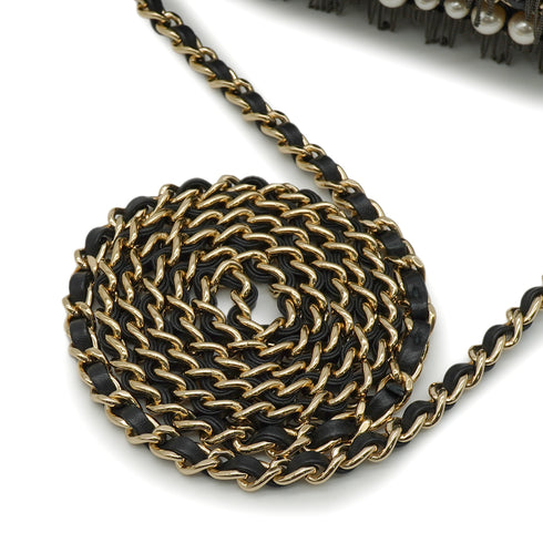 CHANEL MINI MATELASSE FAUX PEARL FRINGE SEQUINS CHAIN SHOULDER BAG BLACK LEATHER GOLD HARDWARE 90345994