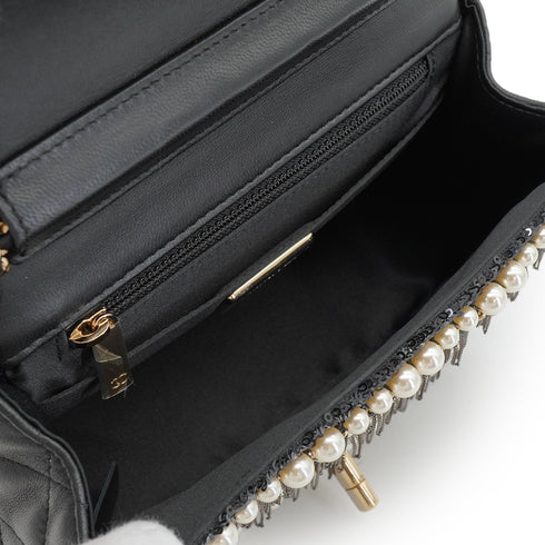 CHANEL MINI MATELASSE FAUX PEARL FRINGE SEQUINS CHAIN SHOULDER BAG BLACK LEATHER GOLD HARDWARE 90345994