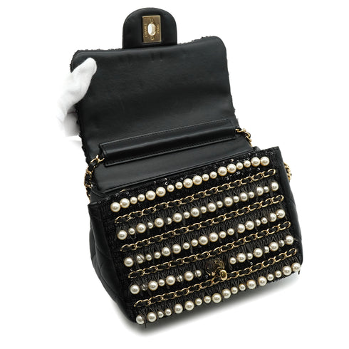 CHANEL MINI MATELASSE FAUX PEARL FRINGE SEQUINS CHAIN SHOULDER BAG BLACK LEATHER GOLD HARDWARE 90345994