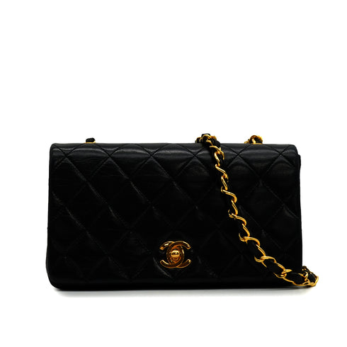 VINTAGE CHANEL MINI MATELASSE FULL FLAP CHAIN SHUOLDER BAG BLACK LAMB SKIN GOLD HARDWARE 90347157