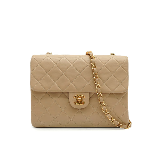 VINTAGE CHANEL MINI MATELLASSE CHAIN SHOULDER BAG BEIGE LAMB SKIN GOLD HARDWARE 90346677