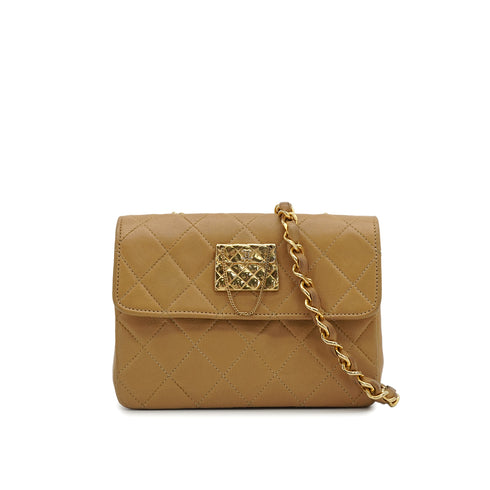 VINTAGE CHANEL MINI MATELLASSE MOTIF CHAIN SHOULDER BAG BEIGE LAMB SKIN GOLD HARDWARE 90345509