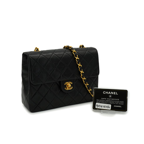 VINTAGE CHANEL MINI MATERASSE CHAIN SHOULDER BAG BLACK LAMB SKIN GOLD HARDWARE 90340146