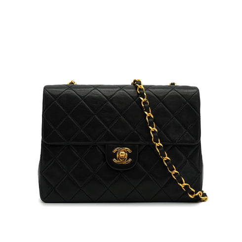 VINTAGE CHANEL MINI MATERASSE CHAIN SHOULDER BAG BLACK LAMB SKIN GOLD HARDWARE 90340146