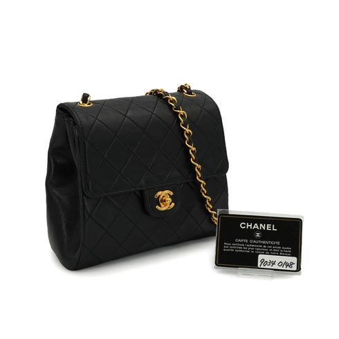 VINTAGE CHANEL MINI MATERASSE CHAIN SHOULDER BAG BLACK LAMB SKIN GOLD HARDWARE 90340148