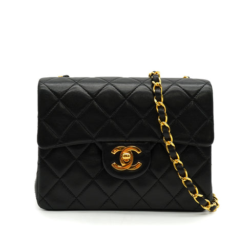 VINTAGE CHANEL MINI MATERASSE CHAIN SHOULDER BAG BLACK LAMB SKIN GOLD HARDWARE 90341458