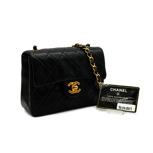 VINTAGE CHANEL MINI MATERASSE CHAIN SHOULDER BAG BLACK LAMB SKIN GOLD HARDWARE 90341867
