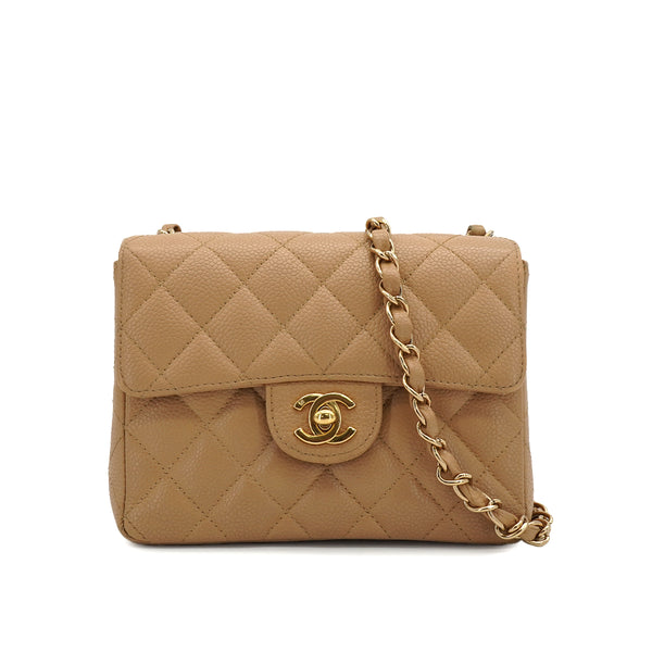 VINTAGE CHANEL MINI SQUARE 17 CHAIN SHOULDER BAG BEIGE CAVIAR SKIN GOLD HARDWARE 90337271