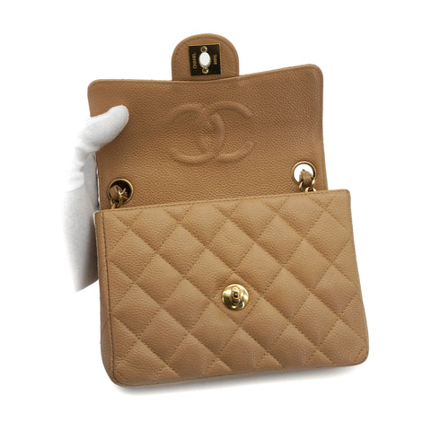VINTAGE CHANEL MINI SQUARE 17 CHAIN SHOULDER BAG BEIGE CAVIAR SKIN GOLD HARDWARE 90337271