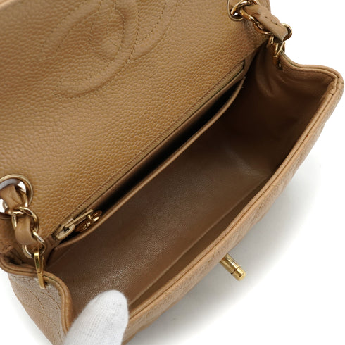 VINTAGE CHANEL MINI SQUARE 17 CHAIN SHOULDER BAG BEIGE CAVIAR SKIN GOLD HARDWARE 90337271