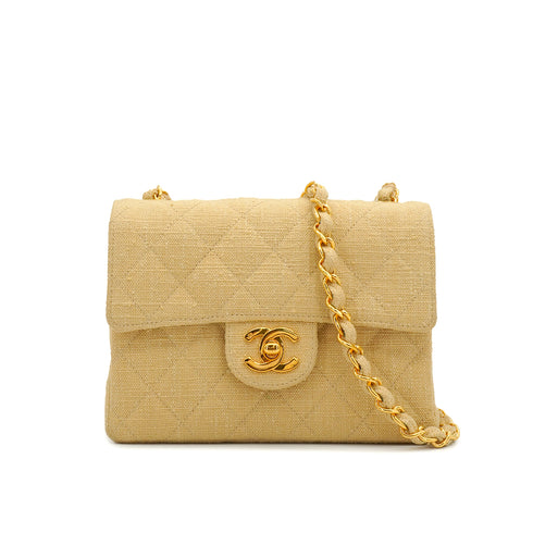 VINTAGE CHANEL MINI SQUARE 17 CHAIN SHOULDER BAG BEIGE CANVAS GOLD HARDWARE 90343405