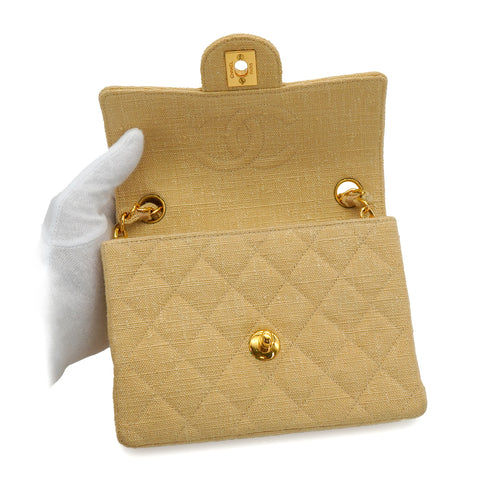 VINTAGE CHANEL MINI SQUARE 17 CHAIN SHOULDER BAG BEIGE CANVAS GOLD HARDWARE 90343405