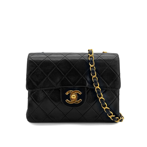 VINTAGE CHANEL MINI SQUARE 17 CHAIN SHOULDER BAG BLACK LAMB SKIN GOLD HARDWARE 90327281