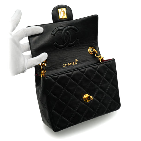 VINTAGE CHANEL MINI SQUARE 17 CHAIN SHOULDER BAG BLACK LAMB SKIN GOLD HARDWARE 90341914