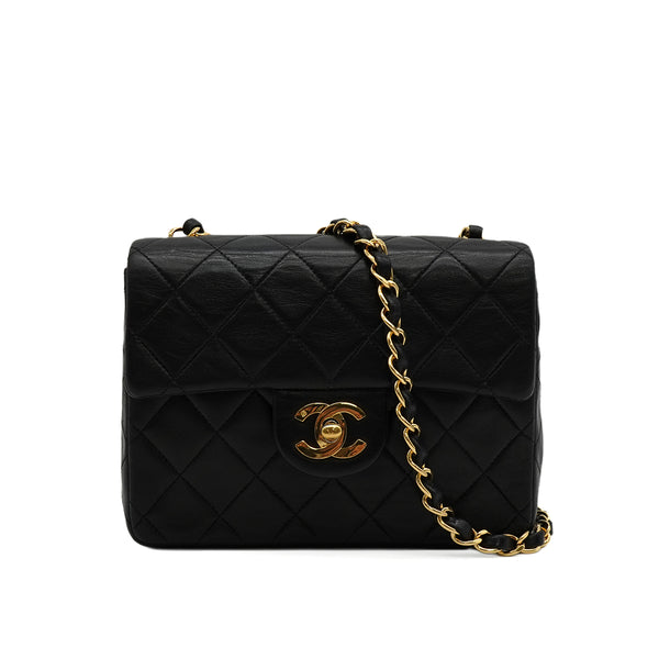 VINTAGE CHANEL MINI SQUARE 17 CHAIN SHOULDER BAG BLACK LAMB SKIN GOLD HARDWARE 90343956