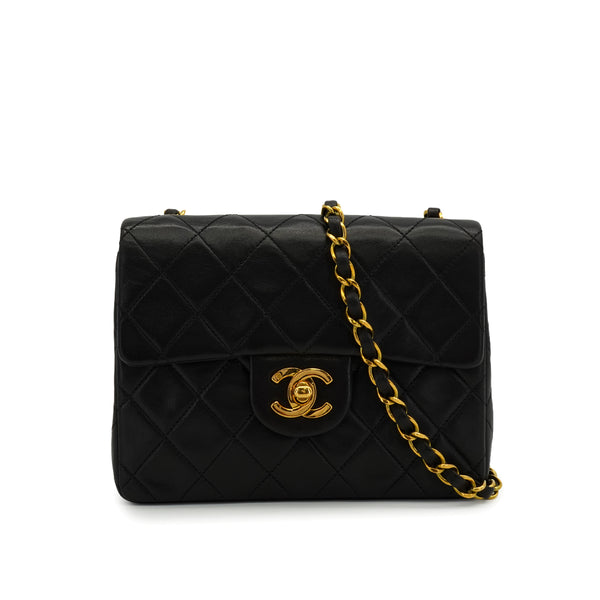 VINTAGE CHANEL MINI SQUARE 17 CHAIN SHOULDER BAG BLACK LAMB SKIN GOLD HARDWARE 90343969