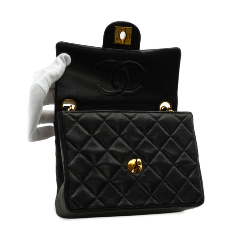 VINTAGE CHANEL MINI SQUARE 17 CHAIN SHOULDER BAG BLACK LAMB SKIN GOLD HARDWARE 90344447