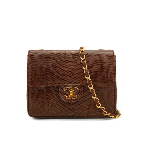 VINTAGE CHANEL MINI SQUARE 17 CHAIN SHOULDER BAG BROWN LIZARD GOLD HARDWARE 90327395