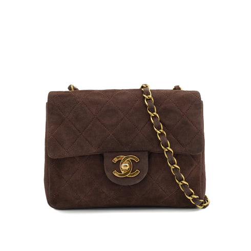 VINTAGE CHANEL MINI SQUARE 17 CHAIN SHOULDER BAG BROWN SUEDE GOLD HARDWARE 90326852