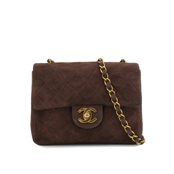 VINTAGE CHANEL MINI SQUARE 17 CHAIN SHOULDER BAG BROWN SUEDE GOLD HARDWARE 90326852