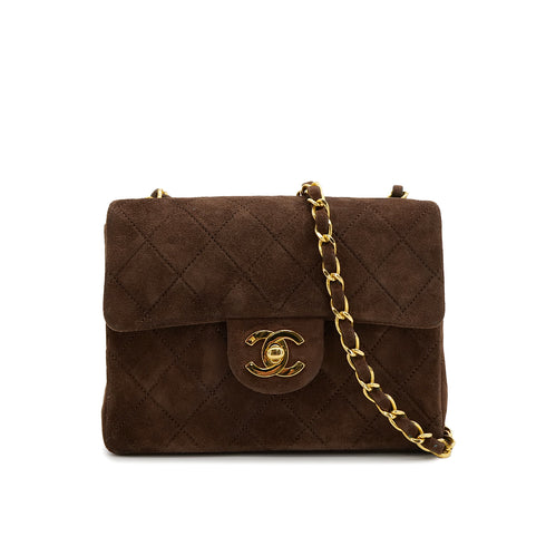 VINTAGE CHANEL MINI SQUARE 17 CHAIN SHOULDER BAG BROWN SUEDE GOLD HARDWARE 90317920