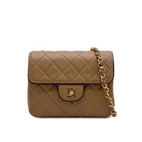VINTAGE CHANEL MINI SQUARE 17 CHAIN SHOULDER BAG CAMEL BROWN LAMB SKIN GOLD HARDWARE 90329019