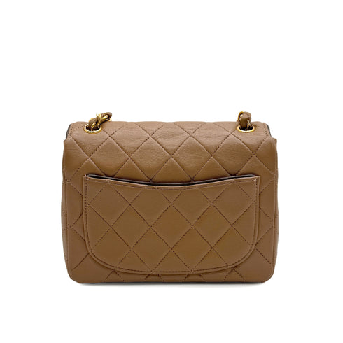 VINTAGE CHANEL MINI SQUARE 17 CHAIN SHOULDER BAG CAMEL BROWN LAMB SKIN GOLD HARDWARE 90329019