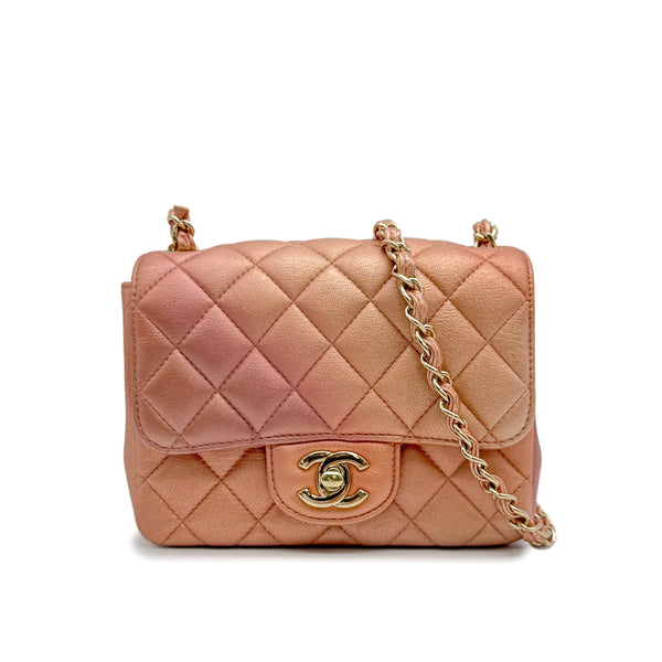 CHANEL MINI SQUARE 17 CHAIN SHOULDER BAG METALLIC PINK GOLD LAMB SKIN GOLD HARDWARE 90314379