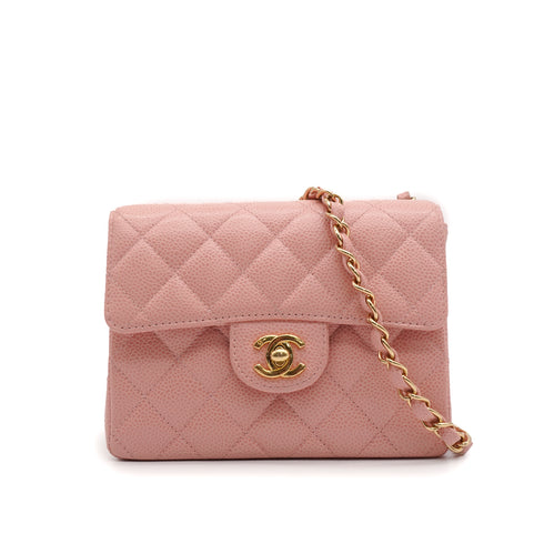 VINTAGE CHANEL MINI SQUARE 17 CHAIN SHOULDER BAG PINK CAVIR SKIN GOLD HARDWARE 90346104