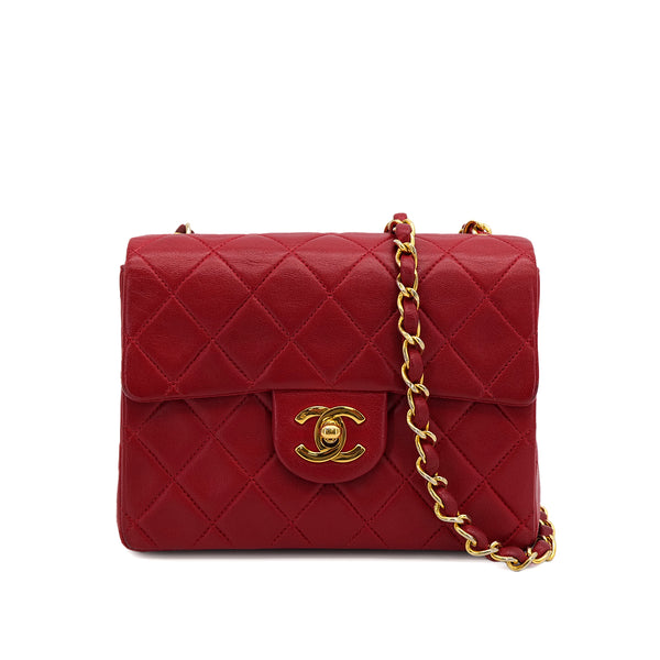VINTAGE CHANEL MINI SQUARE 17 CHAIN SHOULDER BAG RED LAMB SKIN GOLD HARDWARE 90317890