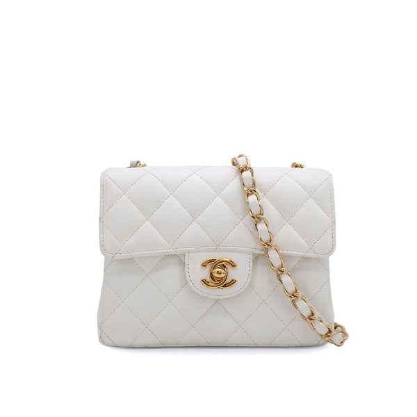 VINTAGE CHANEL MINI SQUARE 17 CHAIN SHOULDER BAG WHITE CAVIAR SKIN GOLD HARDWARE 90339873