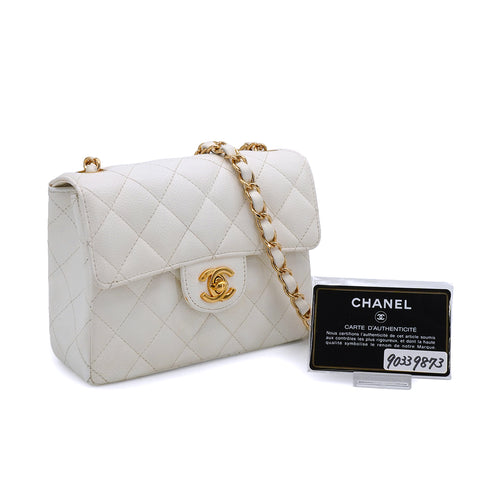 VINTAGE CHANEL MINI SQUARE 17 CHAIN SHOULDER BAG WHITE CAVIAR SKIN GOLD HARDWARE 90339873