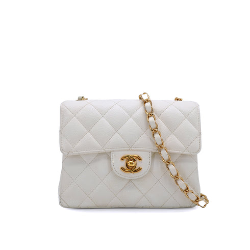 VINTAGE CHANEL MINI SQUARE 17 CHAIN SHOULDER BAG WHITE CAVIAR SKIN GOLD HARDWARE 90339873