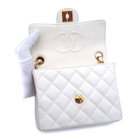 VINTAGE CHANEL MINI SQUARE 17 CHAIN SHOULDER BAG WHITE CAVIAR SKIN GOLD HARDWARE 90339873