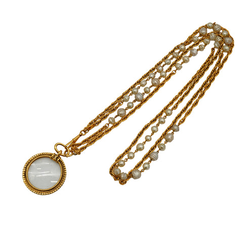 VINTAGE CHANEL NECKLACE DOUBLE CHAIN LOUPE FAUX PEARL GOLD ACCESSORY 90332597