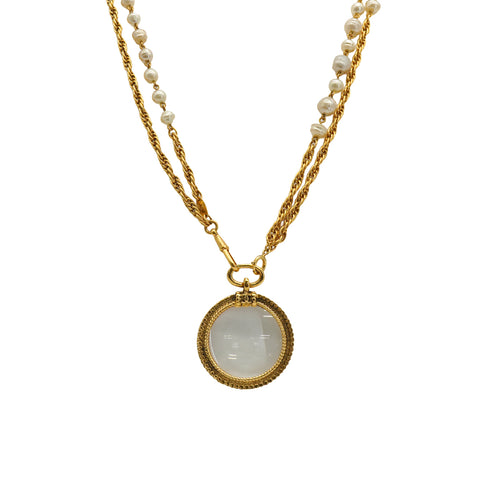 VINTAGE CHANEL NECKLACE DOUBLE CHAIN LOUPE FAUX PEARL GOLD ACCESSORY 90332597
