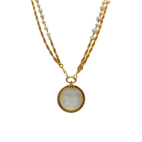 VINTAGE CHANEL NECKLACE DOUBLE CHAIN LOUPE FAUX PEARL GOLD ACCESSORY 90332597