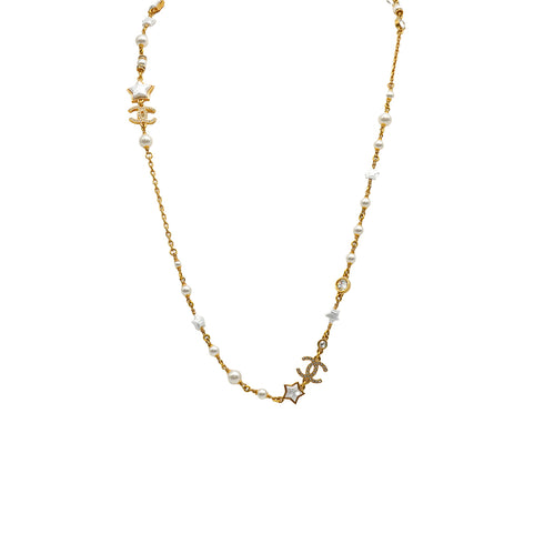 CHANEL NECKLACE RHINESTONE FAUX PEARL STAR COCOMARK GOLD ACCESSORY B24C 90338890