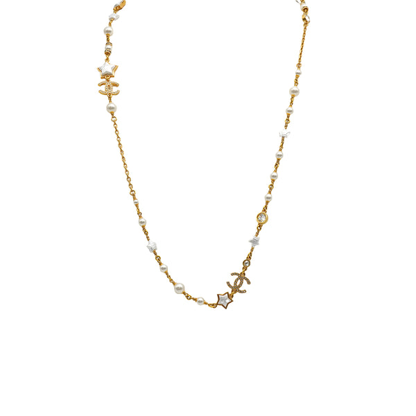 CHANEL NECKLACE RHINESTONE FAUX PEARL STAR COCOMARK GOLD ACCESSORY B24C 90338890