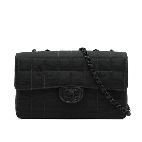 VINTAGE CHANEL NEW TRAVEL LINE EAST WEST CHOCOLATE BAR CHAIN SHOULDER BAG BLACK NYLON 90339648