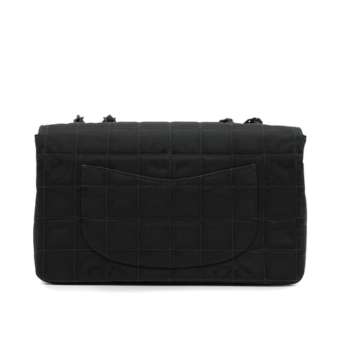 VINTAGE CHANEL NEW TRAVEL LINE EAST WEST CHOCOLATE BAR CHAIN SHOULDER BAG BLACK NYLON 90339648