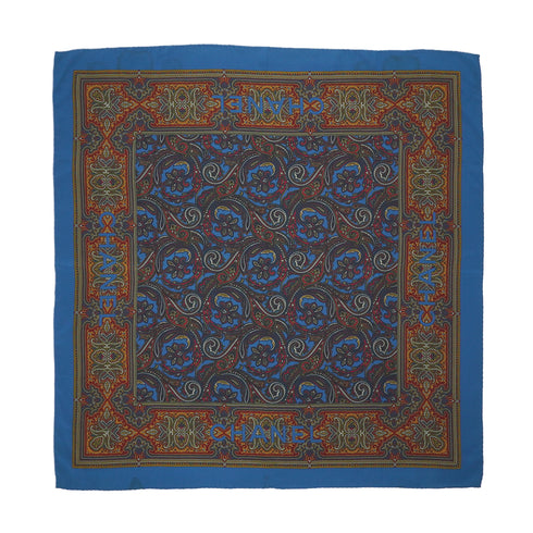 VINTAGE CHANEL LOGO PAISLEY PATTERN SCARF BLUE SILK 90331693