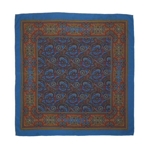 VINTAGE CHANEL LOGO PAISLEY PATTERN SCARF BLUE SILK 90331693