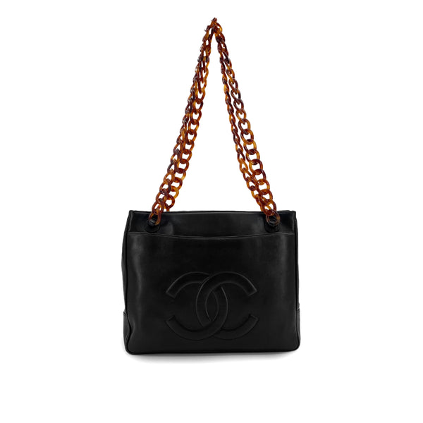 VINTAGE CHANEL PLASTIC CHAIN SHOULDER BAG TORTOISESHELL BLACK LAMB SKIN 90328120