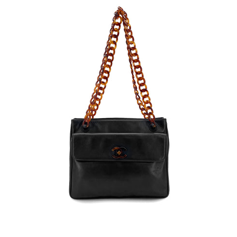 VINTAGE CHANEL PLASTIC CHAIN SHOULDER BAG TORTOISESHELL BLACK LAMB SKIN 90328120