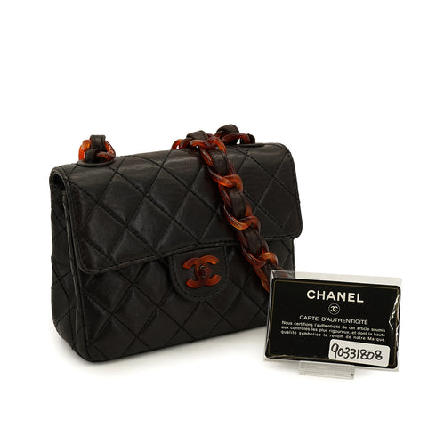 VINTAGE CHANEL PLASTIC CHAIN SHOULDER BAG TORTOISESHELL BLACK LAMB SKIN 90331808