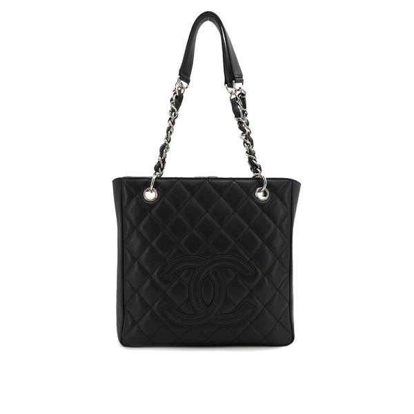VINTAGE CHANEL PST CHAIN TOTE BAG BLACK CAVIAR SKIN SILVER HARDWARE 90327085