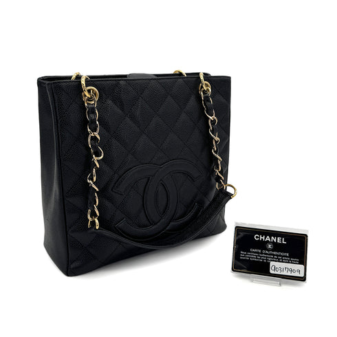 VINTAGE CHANEL PST CHAIN TOTE BAG BLACK CAVIAR SKIN GOLD HARDWARE 90317909
