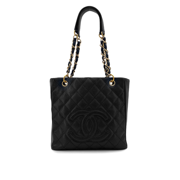 VINTAGE CHANEL PST CHAIN TOTE BAG BLACK CAVIAR SKIN GOLD HARDWARE 90321624